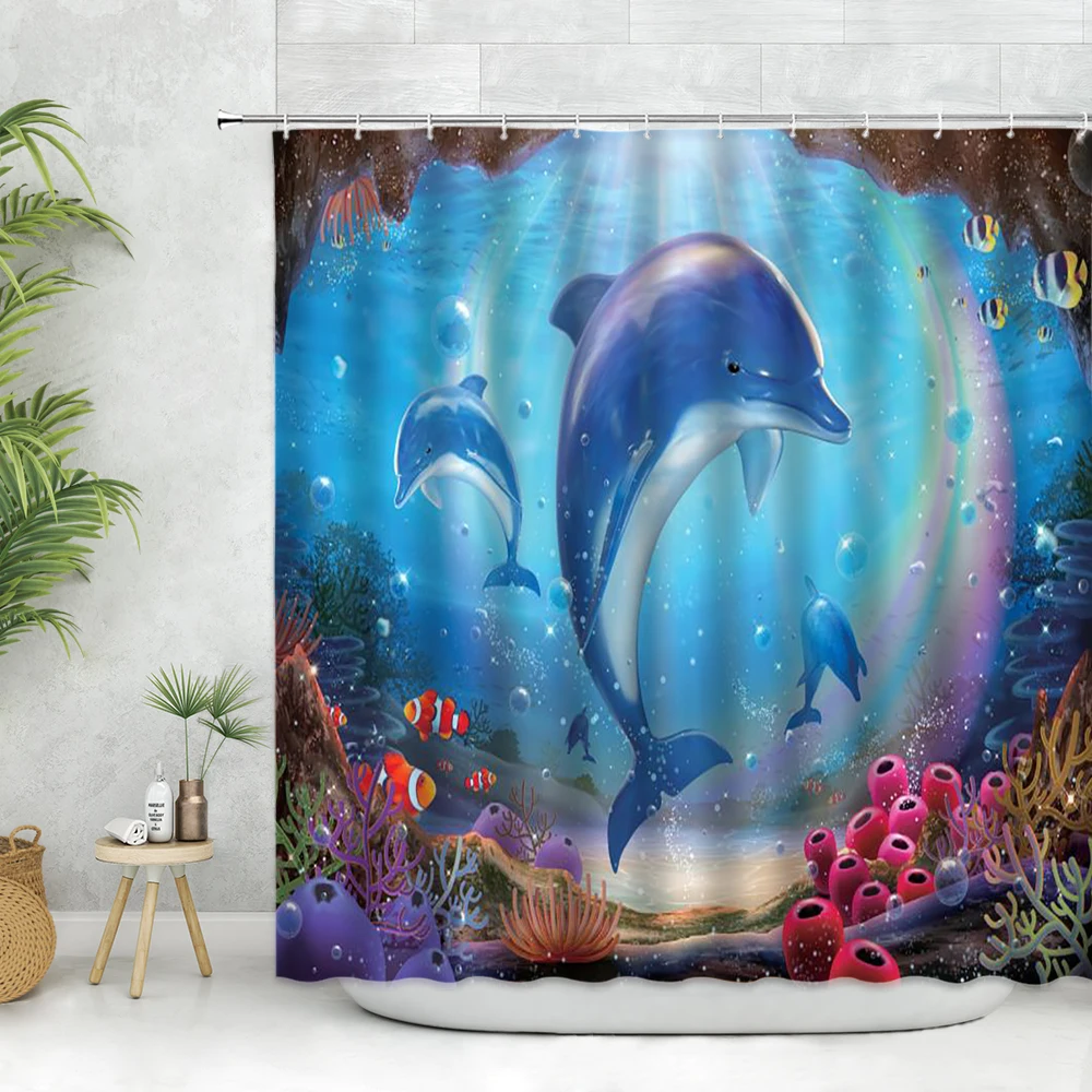 

Cartoon Ocean Animal Shower Curtain Hooks Dolphin Whale Blue Sea Scenery Printing Bathroom Bathtub Decor Curtains Set Polyester