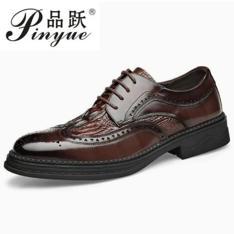 

New leather shoes for young men British Brock formal business increase casual black wedding groom lace-up men's shoes 38-45