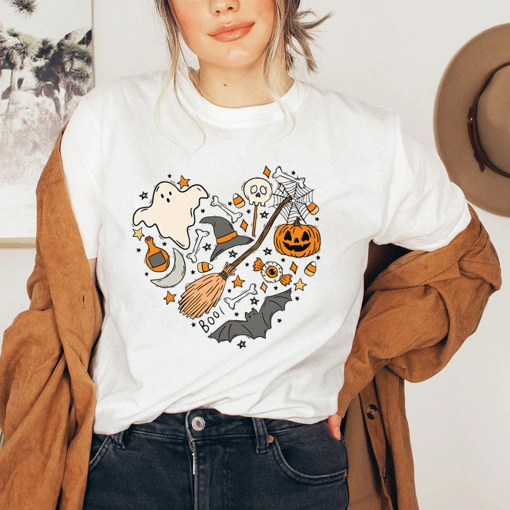 Cute Halloween Ghost Graphic Tee Outfit Oversized High Quality Cotton Top Crew Neck Pullover Clothing Y2k Women Short Sleeve