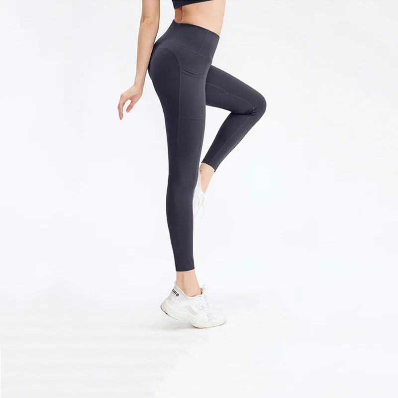 Mallas de Yoga desnudas con bolsillos para mujer, Leggings sin costuras de cintura alta, Leggings Push Up, ropa deportiva para trotar, traje de gimnasio, pantalones de entrenamiento ajustados