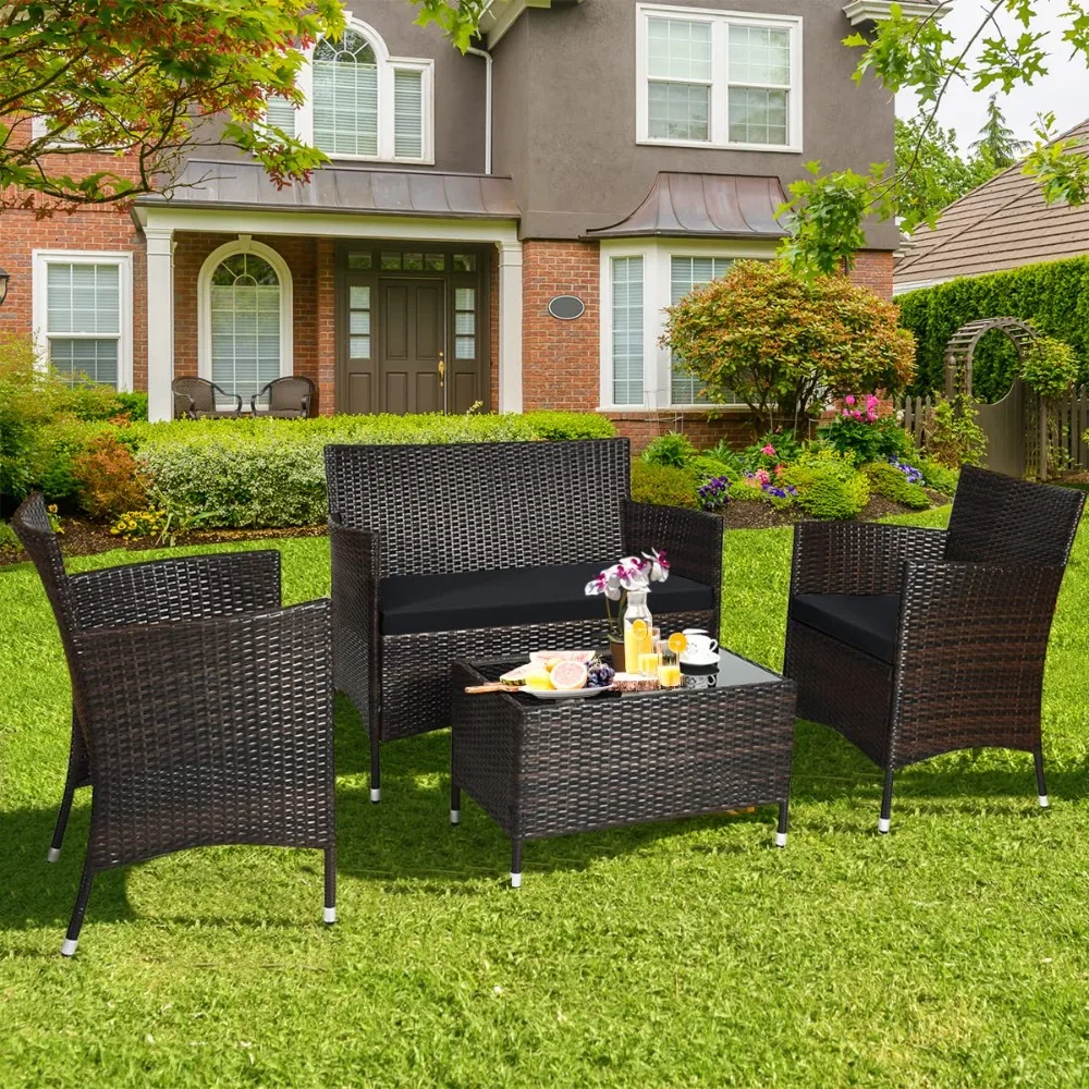 

4PCS Rattan Patio Furniture Set, Outdoor Wicker Rattan Chairs with Coffee Table, Rattan Cushioned Conversation Set, Customized