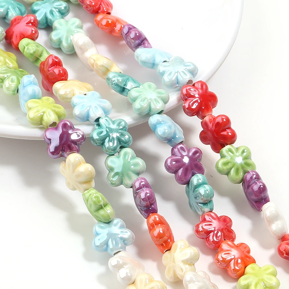 

10pcs 12mm Colorful Flower Shape Ceramic Loose Spacer Beads Five-petaled Flowers Glazed Bead for DIY Bead Craft Ornament Making