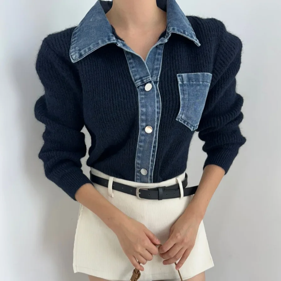 

Autumn/Winter Korean Style Denim Patchwork Sweater Jacket Women Casual Loose Fashion Slim Versatile Knitted Cardigan Coat Ladies