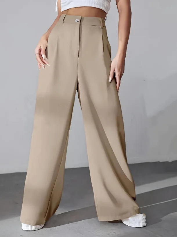 Women Solid High Waist Wide Leg Pants Single Button Zip Side Pockets Straight Trousers Office Lady Casual Fashion Bottoms