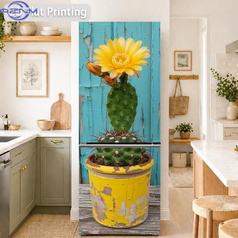 2D Flat Printing 1pc Refrigerator Sticker 60×180cm Cactus Top Flower Bloom Themed Design, Self-Adhesive Wall Decal Wallpaper,