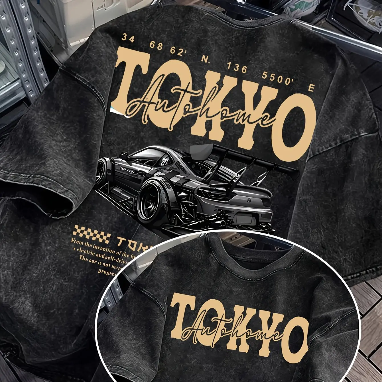 Vintage Tokyo Auto Print T-Shirt Men 100% Cotton Washed Oversized Streetwear Harajuku Tops