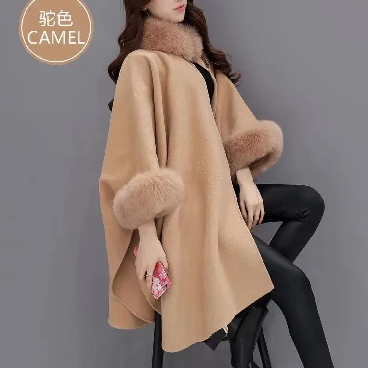 European and American large-size women\'s woolen coat autumn and winter new warm fashion fur collar coat women