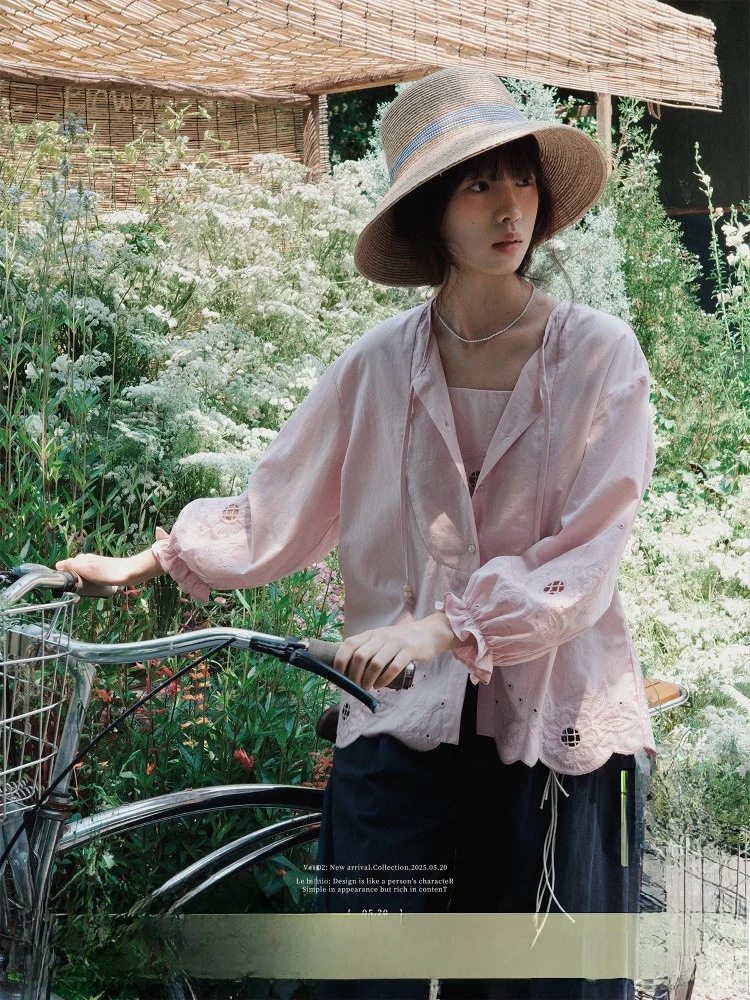 

Embroidered Hollow out Sun Protection irt V-Ne False Two-Piece Cotton Workwear French Sle Loose Fit Daily Wear Women's ...