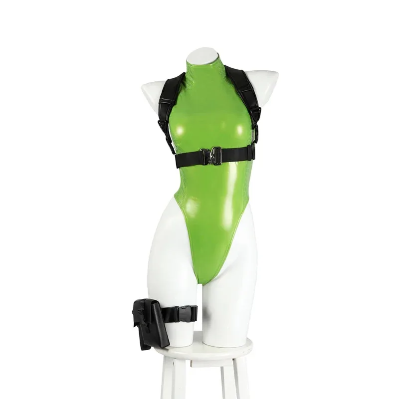 25COSSexy كامي تأثيري حلي ستريت فايتر V 6 5 مثير الأخضر ارتداءها الجلود اللاتكس الأبيض هالوين شعر مستعار الأحذية