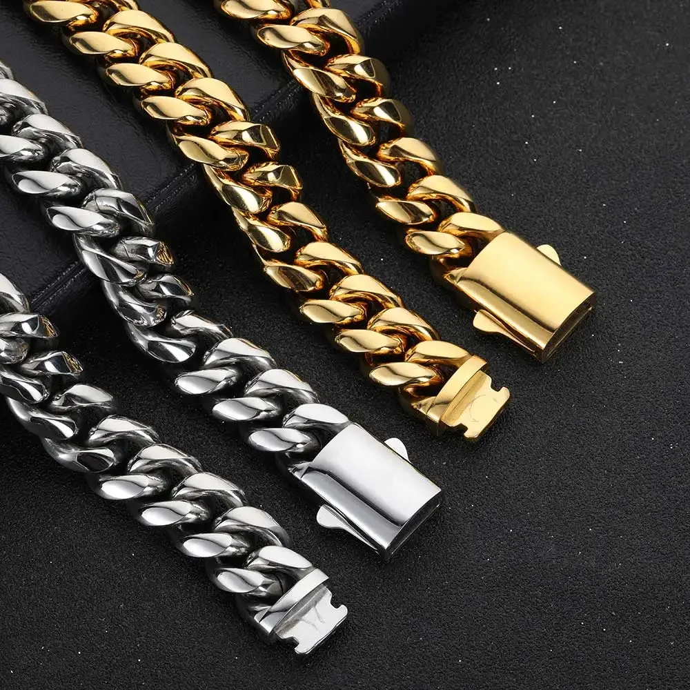 Hochwertige Breite 8–14 mm, Edelstahl, goldfarben, kubanische Kette, wasserdichte Panzergliederkette für Männer und Frauen, verschiedene Größen – Detail 9