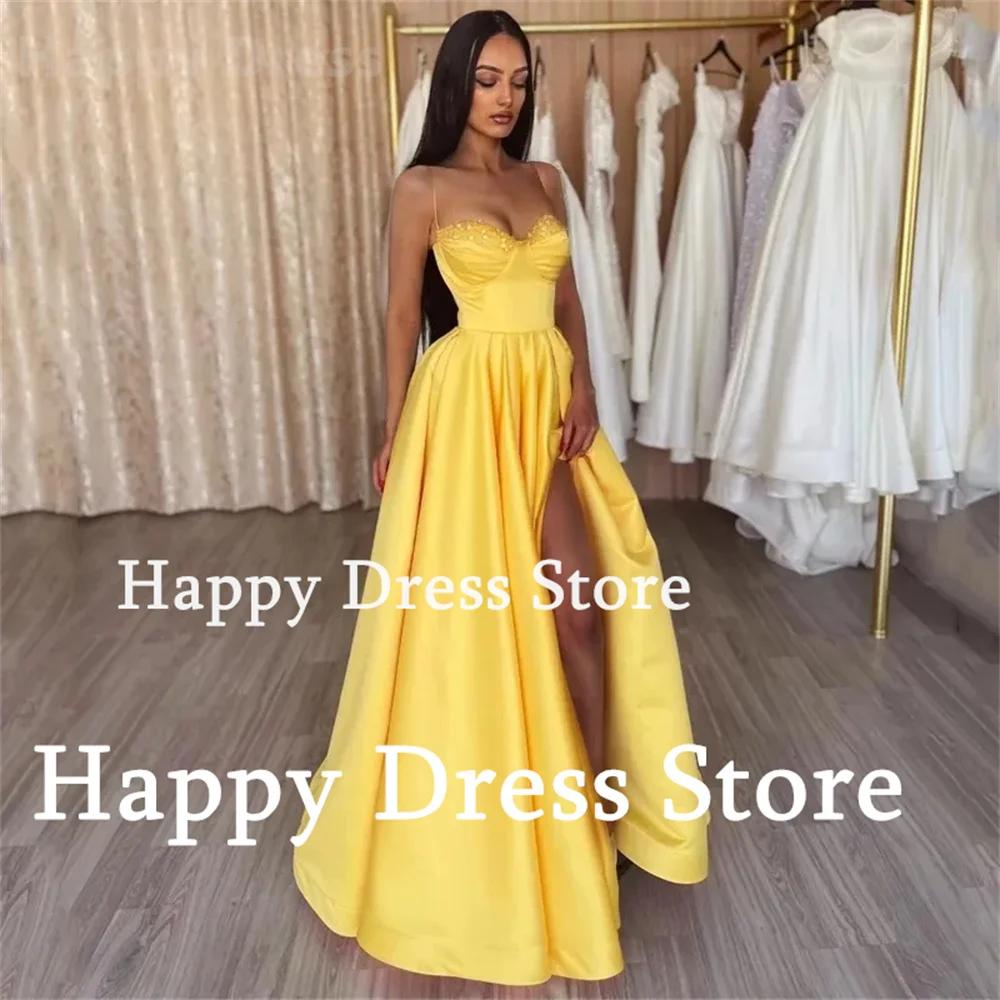 Robe de Soirée en Satin Jaune, Tenue Formelle, Col en Cœur, Bretelles Spaghetti, Paillettes Brillantes, Sexy, Fendue sur le Côté Haut, Ligne A, Bal de Promo