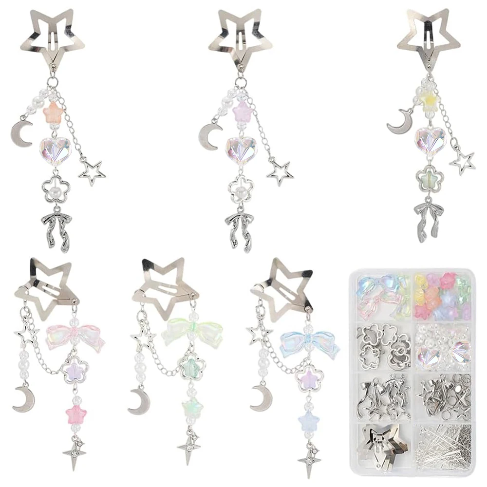 1 Box DIY 6 Sets Star Tassel Hair Clips Making Kit Hairclip Pack Stars Moon Bowknot Cute Hairpins Hairclips With Beaded Tassels