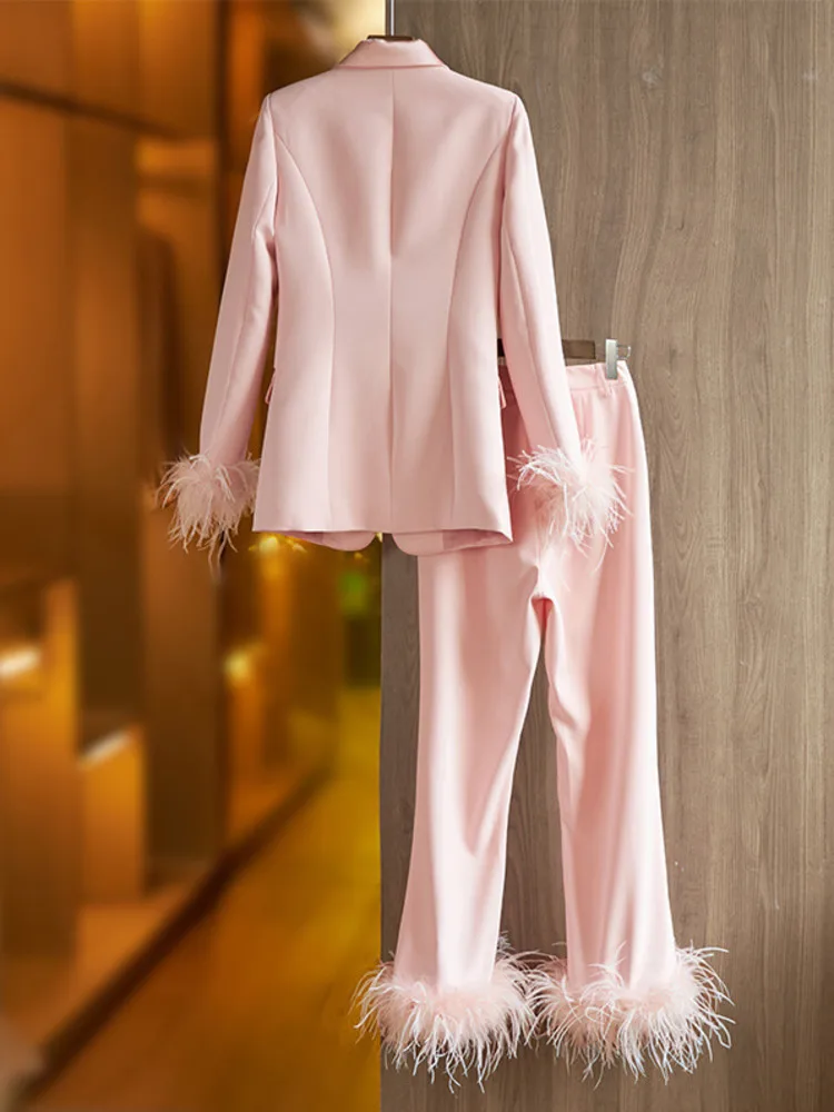 ZMEENNA Solid Color Long Sleeve Patchwork Feather Blazer High Waist Wide Leg Pants 2 Pieces Sets For Women 2025 Spring New ZM538