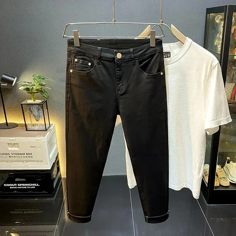 Vaqueros ajustados de pierna pequeña para hombre, informales, sencillos, versátiles, a la moda, clásicos callejeros, pantalones vaqueros de color liso