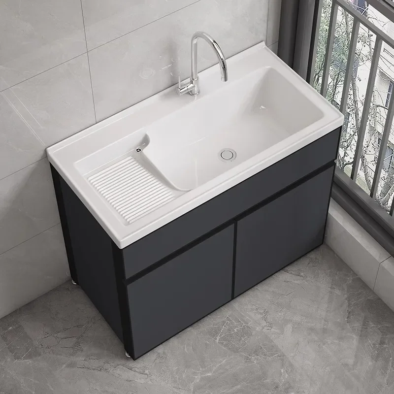 Customized laundry cabinet Balcony basin Ceramic integrated Laundry table with washboard Floor-to-ceiling bathroom cabinet