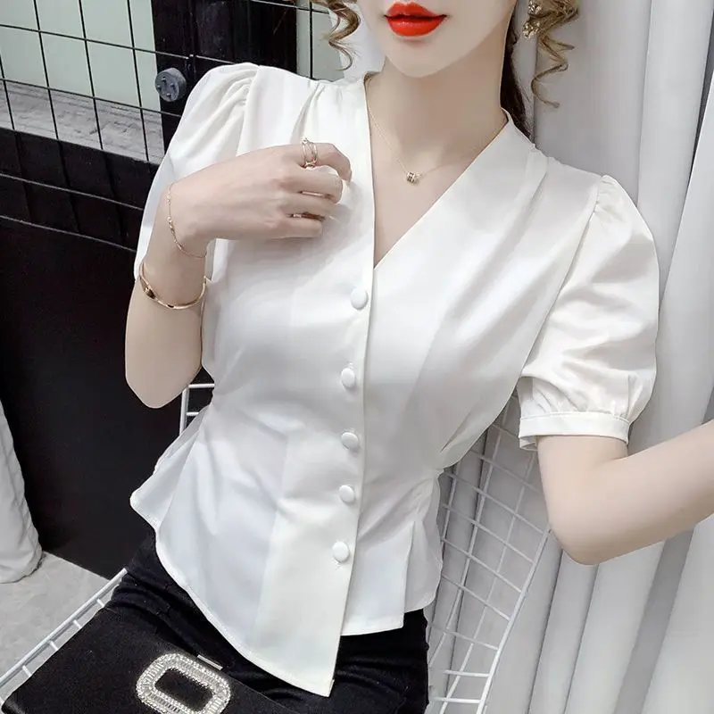 Fashion Commute Summer New Irregular Chiffon Blouses Women\'s Solid Spliced Waist Retraction Button Short Sleeve V-neck Shirts