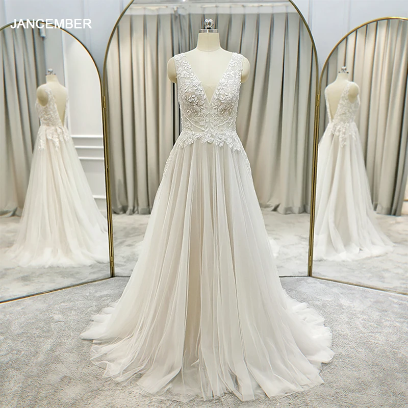 

Jancember Elegant A Line Bridal Gown V Neck Lace Wedding Dress Custom Made High Quality Princess Bride Dresses vestidos de novia