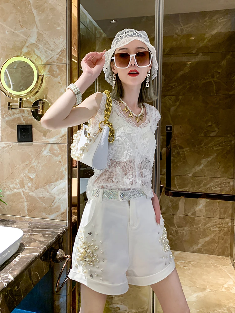 Hot Diamond  Shorts Women's Summer 2023 New European Station Heavy Duty Studded Beads High Waist Slim Wide Leg Pants Fashion