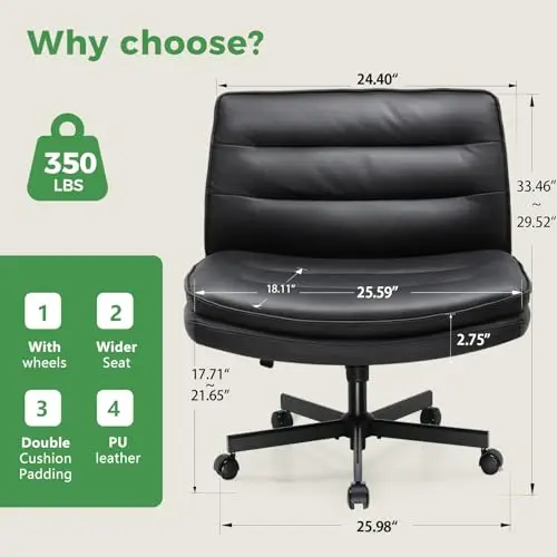 

Wide Armless Office Chair With Wheels, Double Cushion PU Leather, Adjustable Height, X-Base Design, Black