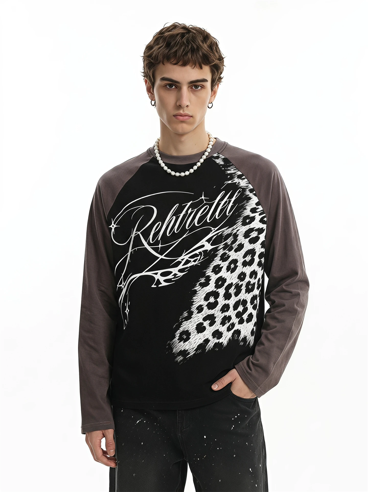 BETEBULE American High Street Letter Print Leopard Pattern Color Block Long Sleeve Men's Vintage Short Wide T-shirt