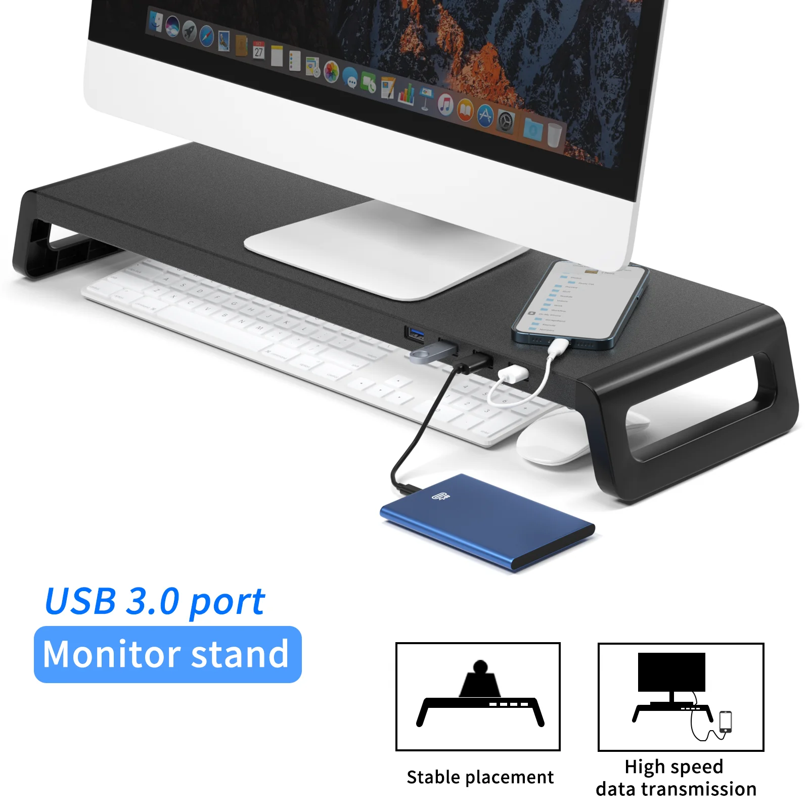 Aluminium Monitor Stand Riser with 4 USB 3.0 Port Keyboard Storage PC Computer Laptop Monitor Stand Desktop Support Organizer