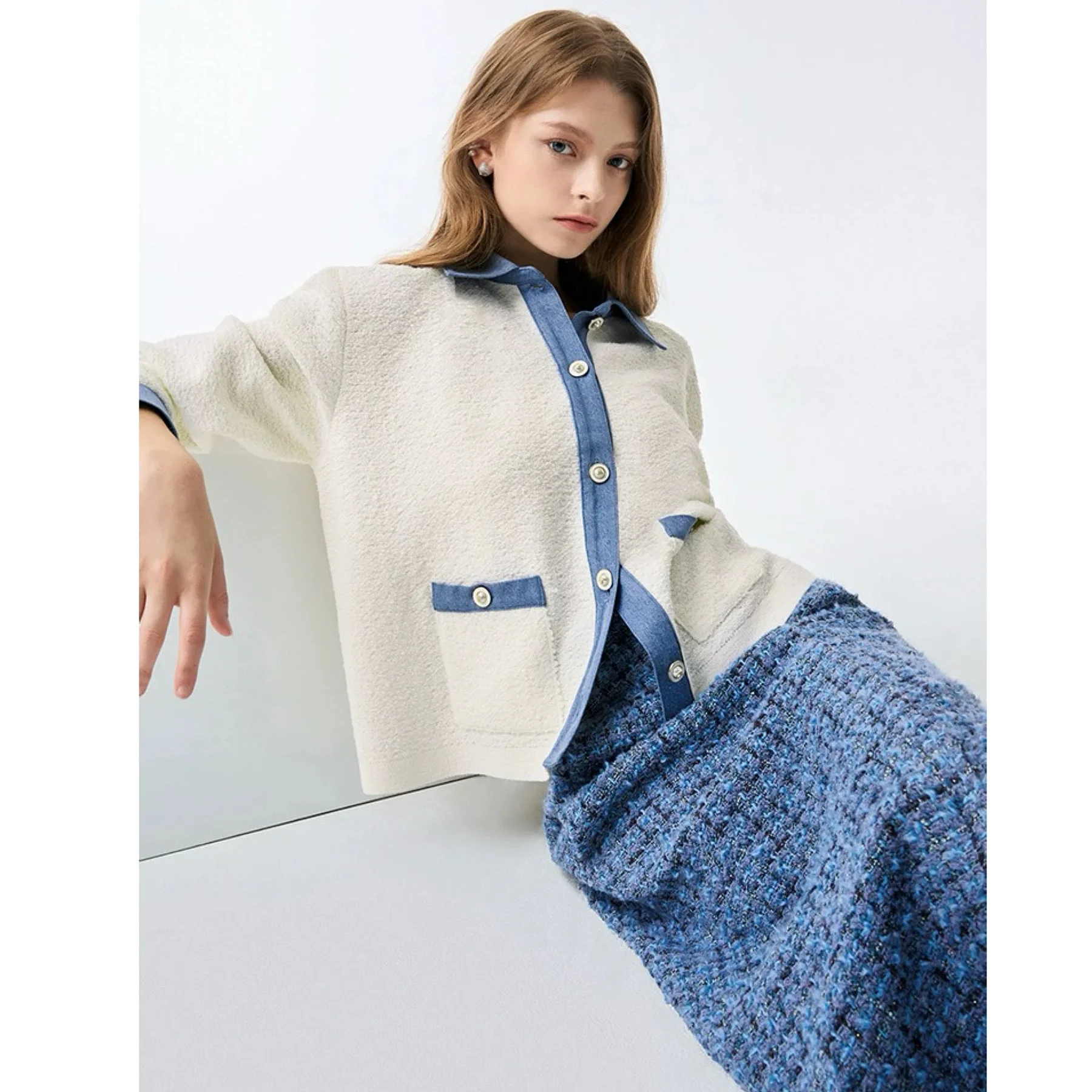 الليمون الجبن LAN25 الخريف ملابس العمل Sle لصق اللون طوق القطن Jaet المرأة طويلة Sve طوق منتظم صالح ملابس خارجية