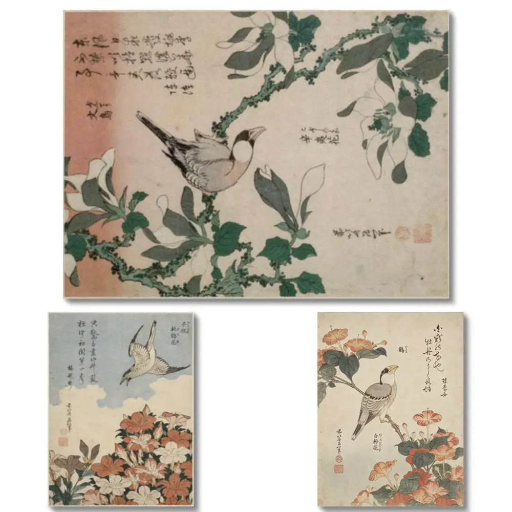 Vintage Japanese Bird Flower Canvas Wall Art Sparrow Magnolia HD Printed Traditional Ukiyo Wabi Sabi Decor for  Zen Living Room