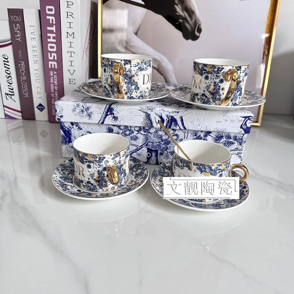 

European High-end Bone China Steak Plate Fruit Plate Coffee Cup Set Blue Afternoon Tea Cup Coffee Shop Sample Tea Set Gift