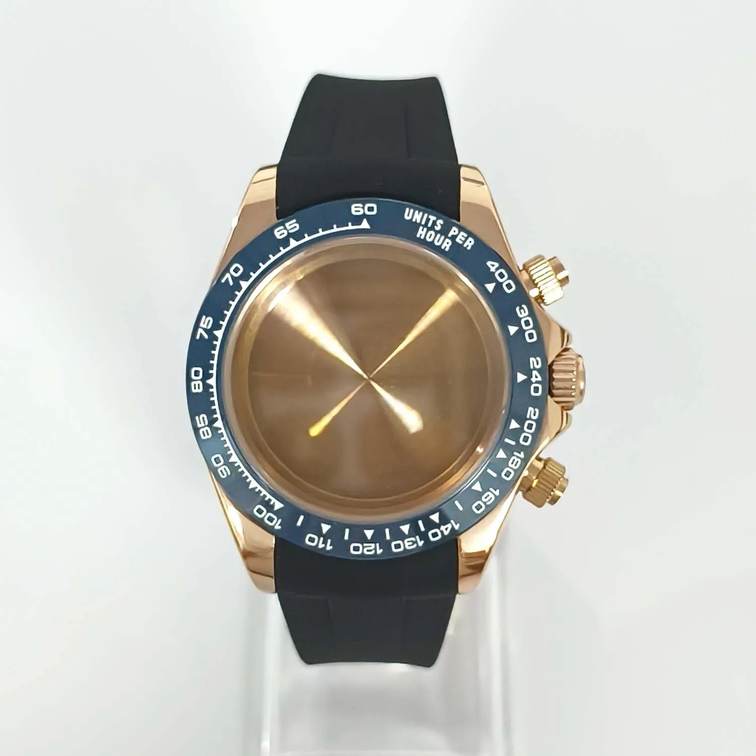 39mm Six-Hand Quartz Electroplated Rose Gold Watch Case Set With Rubber Strap Solid Back Fit VK63 Movement Watch Mod Parts