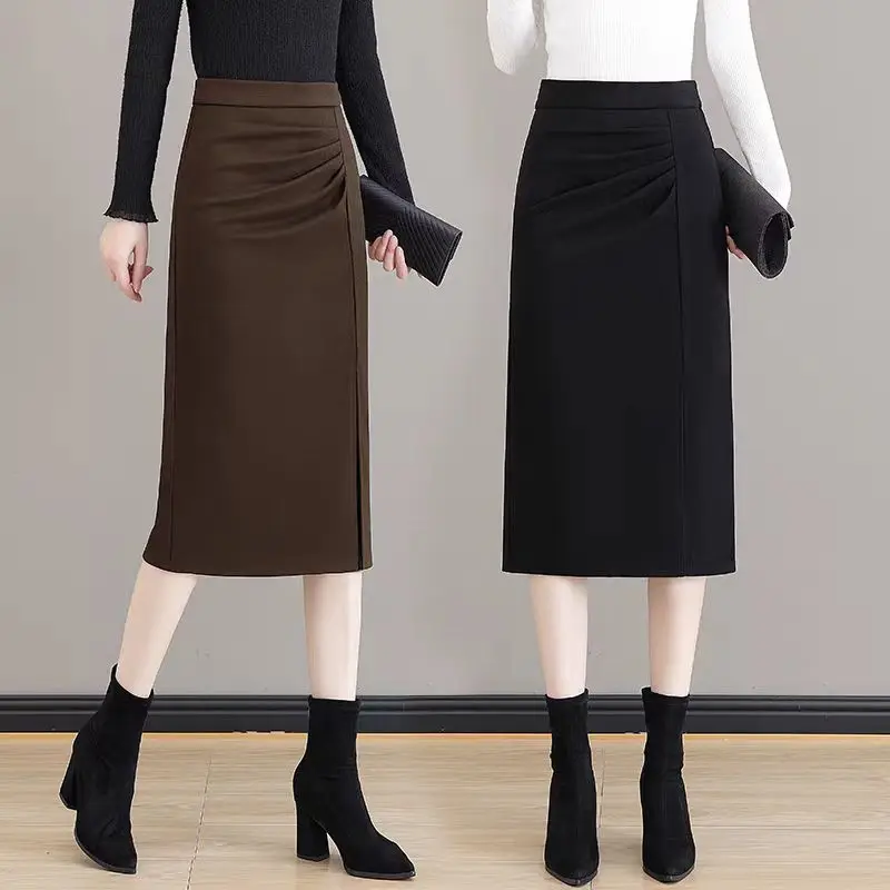 Jupe en laine pour femmes, automne hiver, taille haute, amincissante, Tube droit, hanche, mi-longue, fente, robe une étape