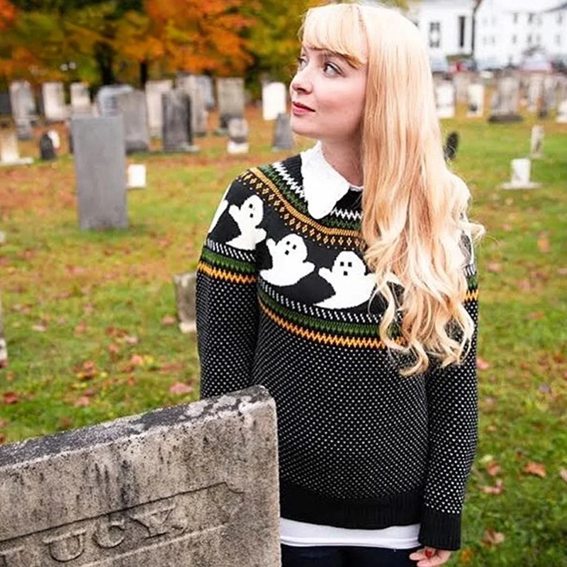 Halloween Knit Sweater Women Jumpers Sweater Pullover Jumpers Loose Y2k Pull Oversize Top Halloween Sweatshirt Warm Long Sleeve