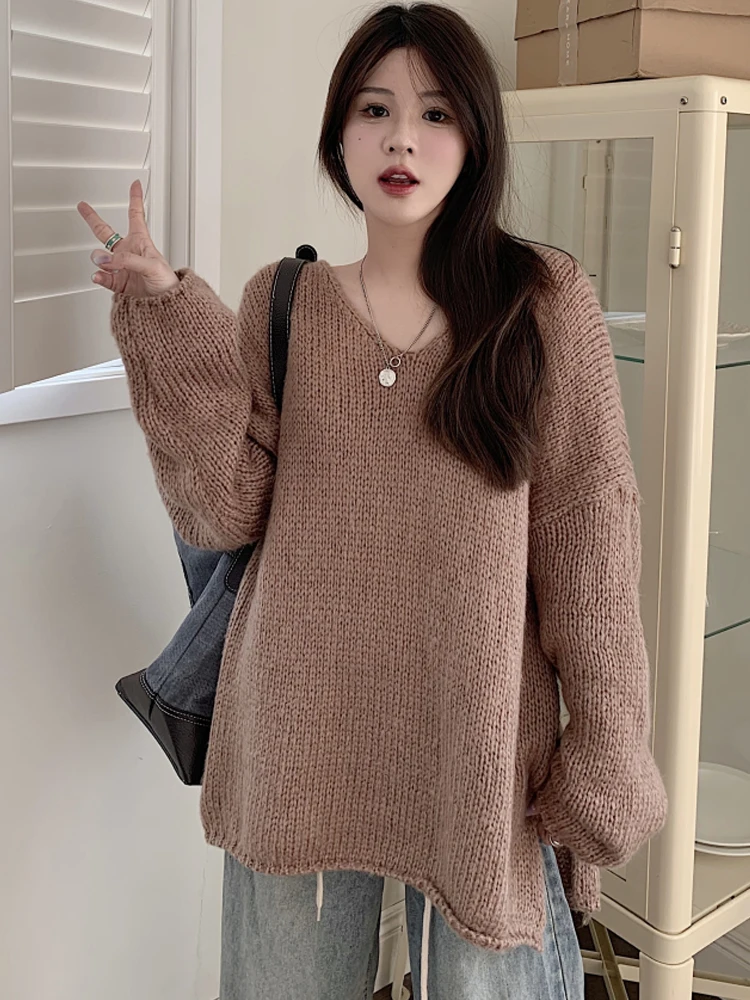 Korean New Women's knitting Sweater pullover Split on both sides 2022 Autumn Winter Female Fashion All-Match V-Neck Long Sleeves