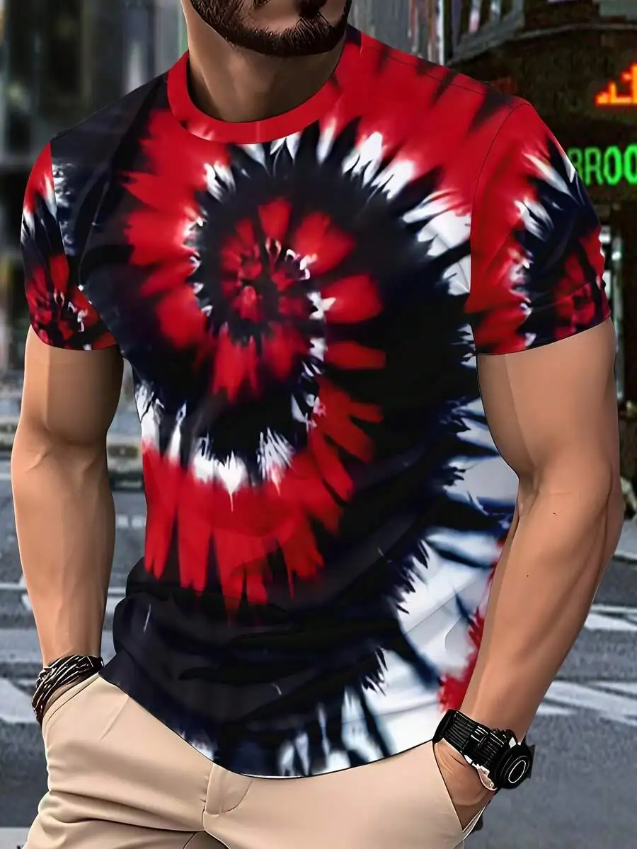 

Mens Tie-Dye Swirl Print Short Sleeve T-Shirt Casual Summer Streetwear 3D Digital Printing Knit Stretch Fabric