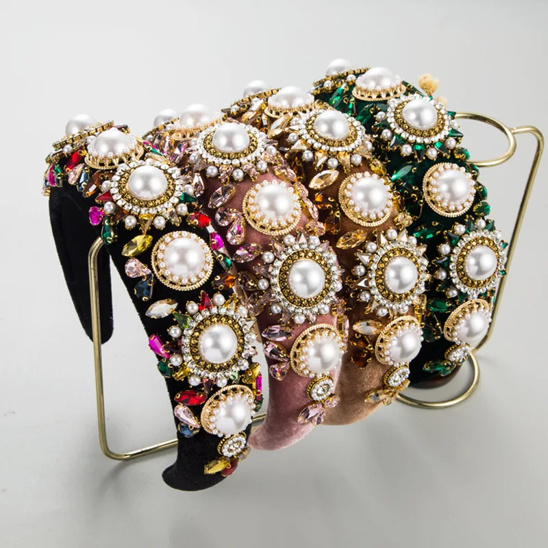 

Heming Headband Fashion Heavy Industry Pearl Glass Diamond Premium Head Hoop Flannel Wide Edge High Cranium Hair Accessories