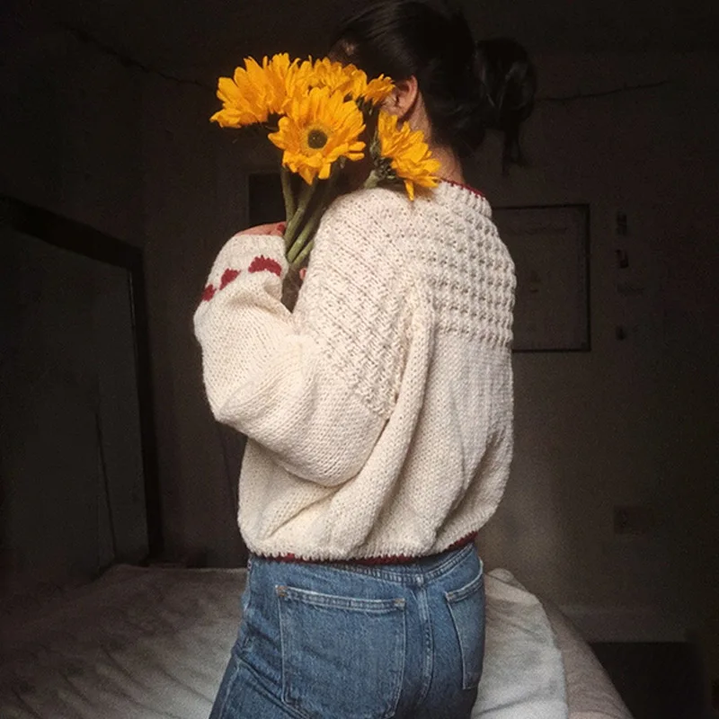 Women's Lazy Warm Knitted Sweater 2025 Autumn Winter New Fashion Solid Color Love Pattern Loose Long-sleeved Pullover Sweater