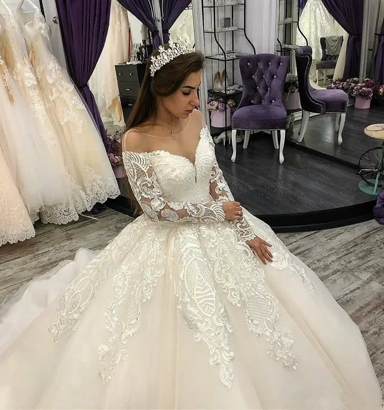 Customized Ball Gown Wedding Dresses Bridal Sweep Train Lace Applique Scoop Sheer Neck Custom Made Long Sleeves Castle Chapel Ve