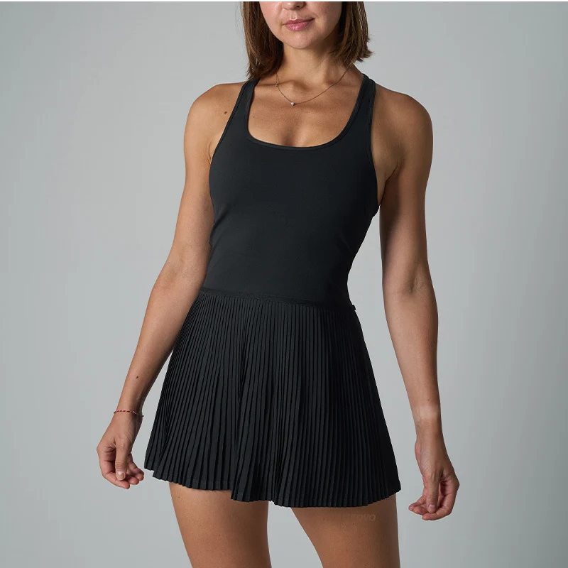 VITALINOVO Damen-Tenniskleid, U-Ausschnitt, integrierter BH, Golf-Sportkleid ohne Shorts, Racerback, Workout, Gym, plissierte Minikleider – Detail 1