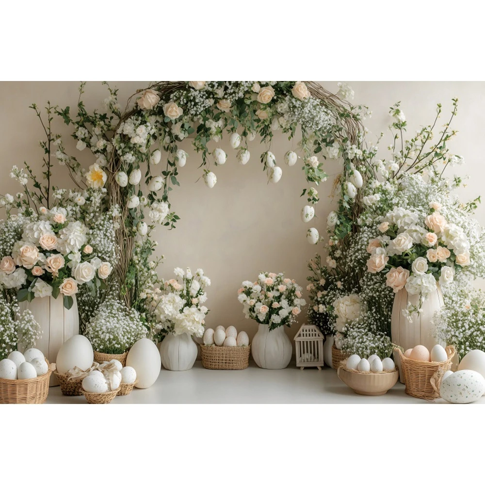 Spring Easter Photography Background Boho Flower Arch Door Bunny Colorful Eggs Rabbit Kids Birthday Decor Backdrop Photobooth