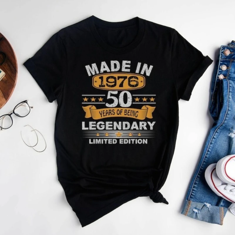 50th Birthday 1976 Crewneck Shirt Gift for Women Men Idea Vintage Tees Hipster Street Fashion Casual Style Printed T-shirt Tops