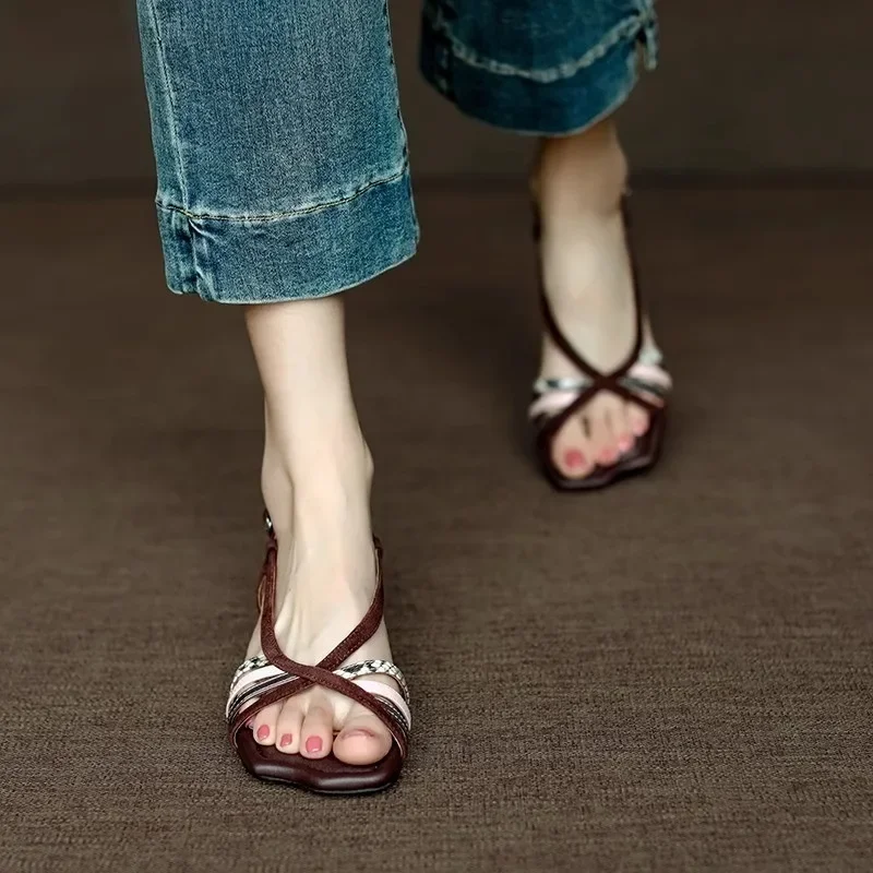 شانغ شي ريترو اللون حظر الصنادل المرأة الصيف كعب خشن غرامة القش كعب منخفض الأحذية الرومانية تنوعا أحذية نسائية عادية #2