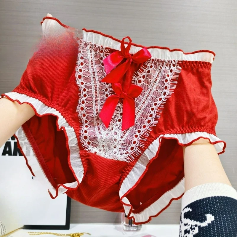 

High Waist Large Size Seamless Underwear Spring and Summer Sexy Lace Bow Pure Desire Lolita Fat Mm New Personalized Lace Comfort