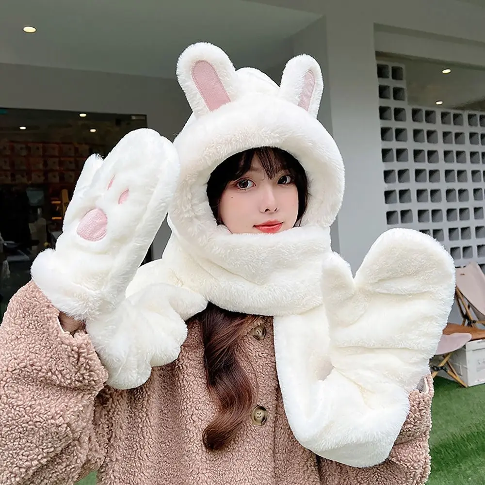 

Winter Warm Hat Scarf Gloves Set Comfortable Brimless Cute Rabbit Plush Bonnet Caps Warm Scarf Daily Wear