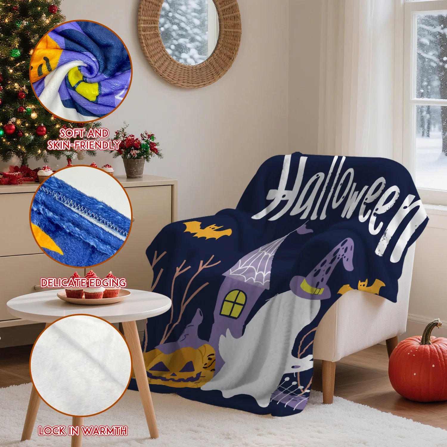 Soft Flannel Throw Blanket Halloween Ghost Pumpkin Print Warm Nap Air‑Conditioning Blanket Gift for Sofa Home Decoration