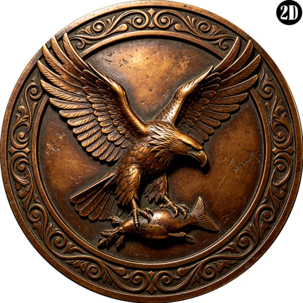 Placa Metálica Plana 2D, Diseño Clásico de Águila Cazadora, Águila en Bronce Antiguo Atrapando Peces para Decoración de Garaje o Cabaña