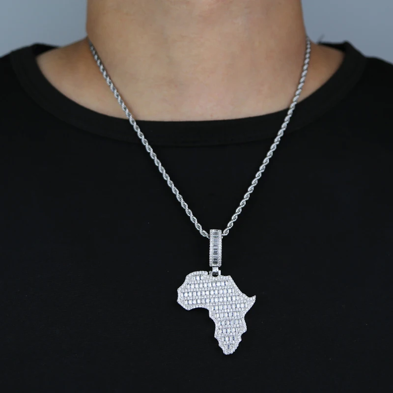 New Arrive Rectangle Cubic Zirconia CZ Paved Bling Africa Map Shaped Pendant Necklace Hip Hop Men Boy Cool Meaning Jewelry