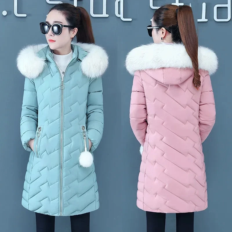 Down Cotton Coat Womens 2022 Winter New Thick Hooded Fur Collar Warm Women Padded Jacket Long Casual Fashion All-match Parkas