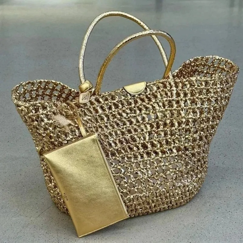 

Metallic Woven Tote Bag Women Luxury Gold Hollow Out Beach Basket Handbag with Pouch Large Capacity Elegant Fashion Shoulder Bag