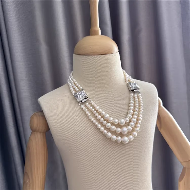 Jewelry 3 Rows Cultured Pearl Gold Plated Connector Chokers Necklace