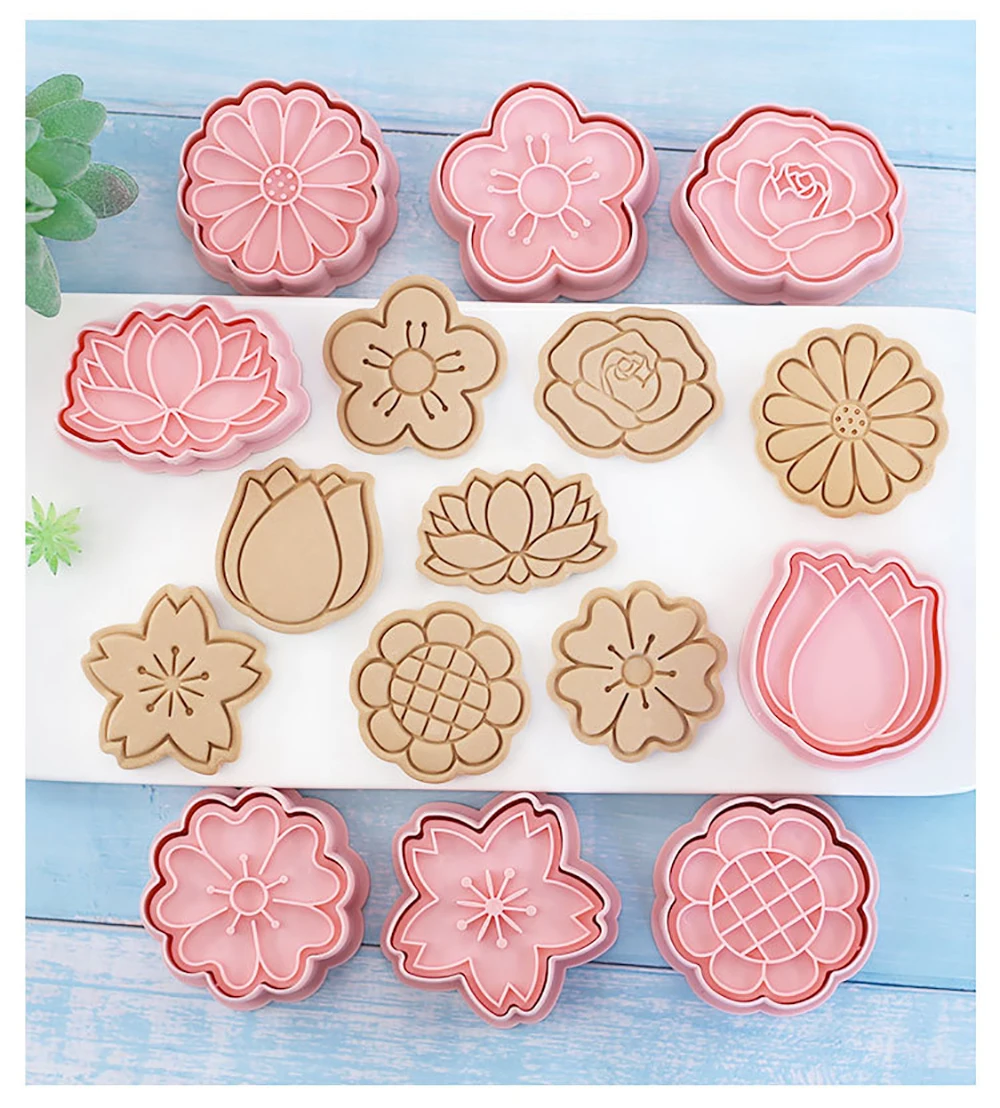 

8Pcs/set Flowers Cookie Cutters Plastic Pressable Biscuit Mold Fondant Cookie Stamp Kitchen Pastry Baking Tools