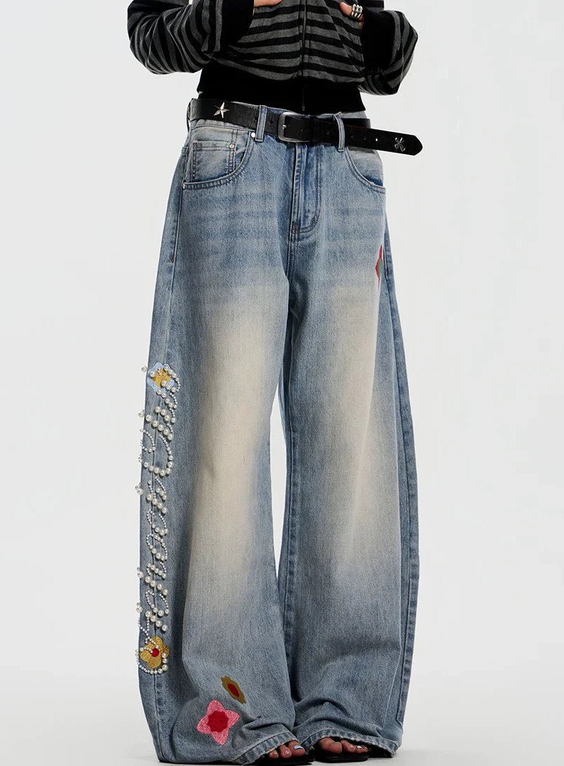 Y2K Pearl Embroidered Pants American Retro Heavyweight Distressed Straight Wide Leg Jeans Women